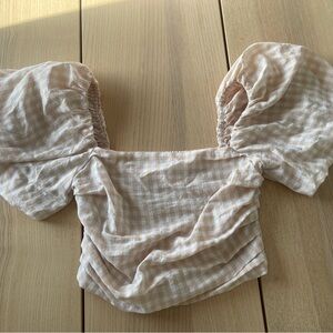 Mimosa Gingham smocked top with puff sleeves and square neck size L Lush Taupe